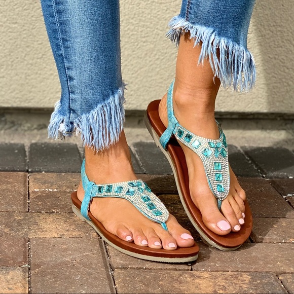 NIB Powder Blue Embellished Flat Thong Sandals - Picture 6 of 7